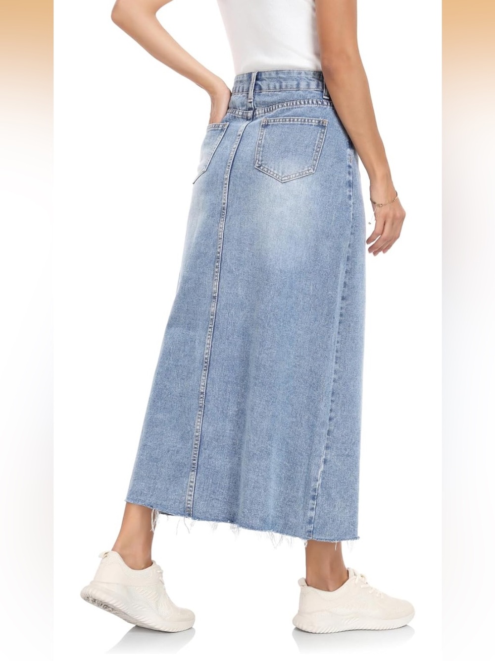 Denim Skirt Stretch High Waisted Frayed Raw Hem A Line Midi Skirt with Pockets - Picture 6 of 7